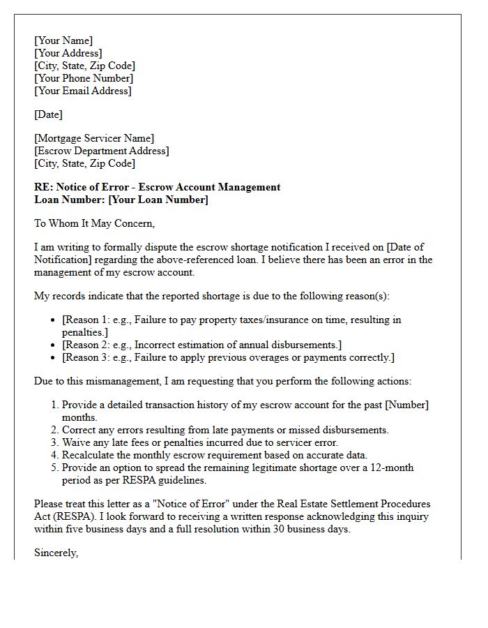 Escrow Shortage Mismanagement Redress Letter