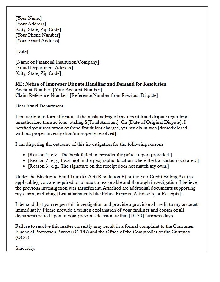 Fraud Dispute Mishandling Resolution Letter