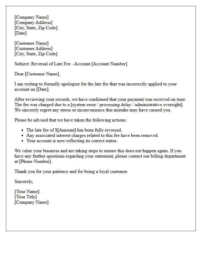 Improper Late Fee Reversal And Apology Letter