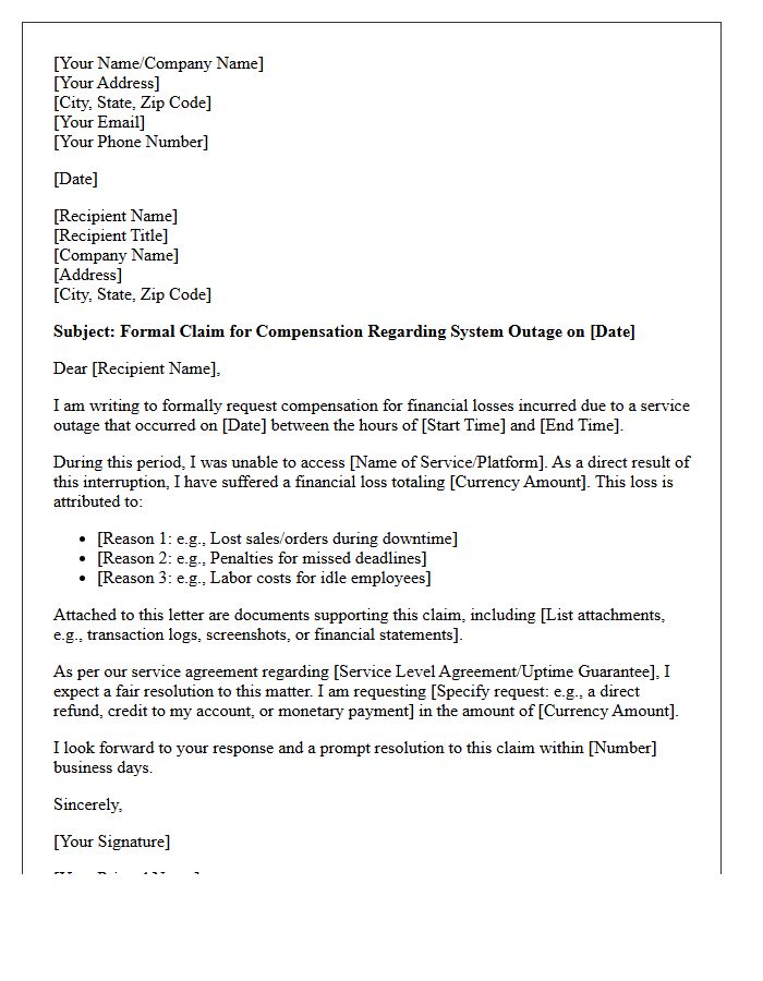 System Outage Financial Loss Compensation Letter