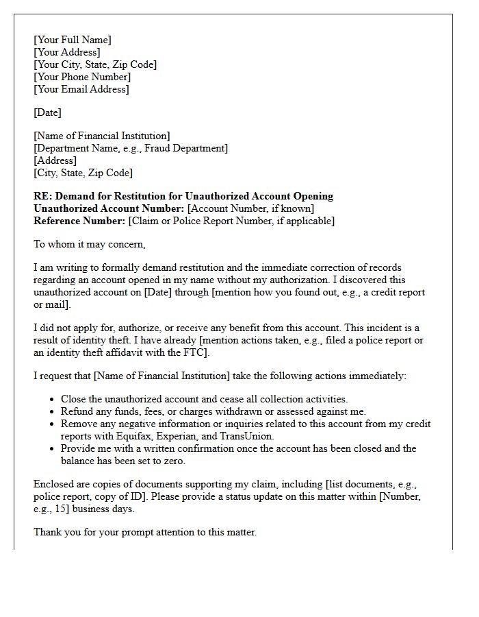 Unauthorized Account Opening Restitution Letter