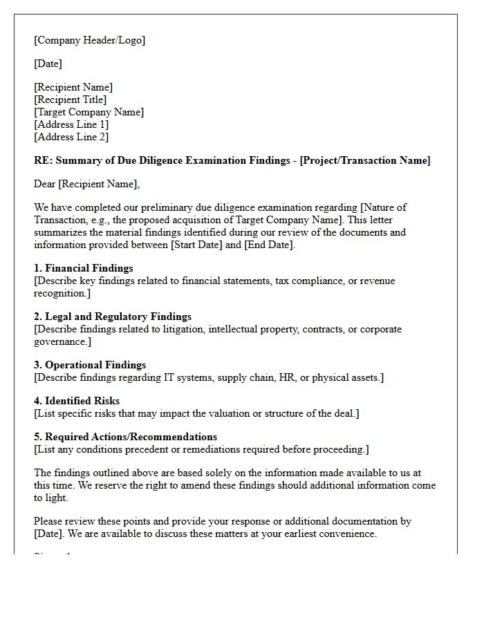 Due Diligence Examination Findings Letter