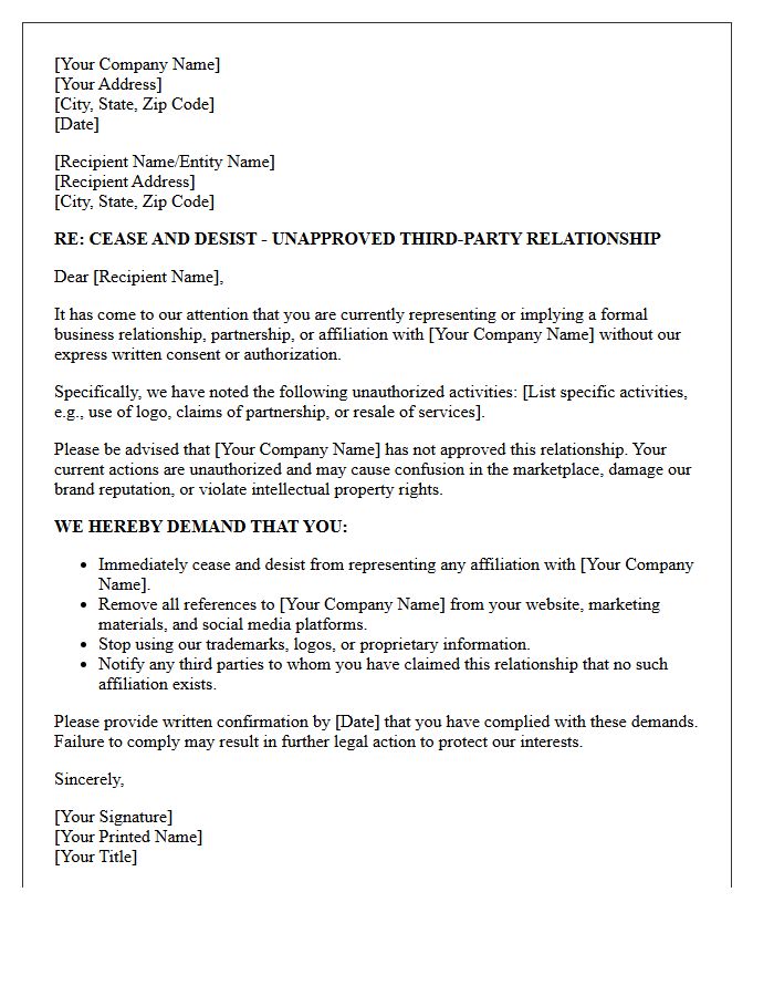 Unapproved Third-Party Relationship Cease Letter