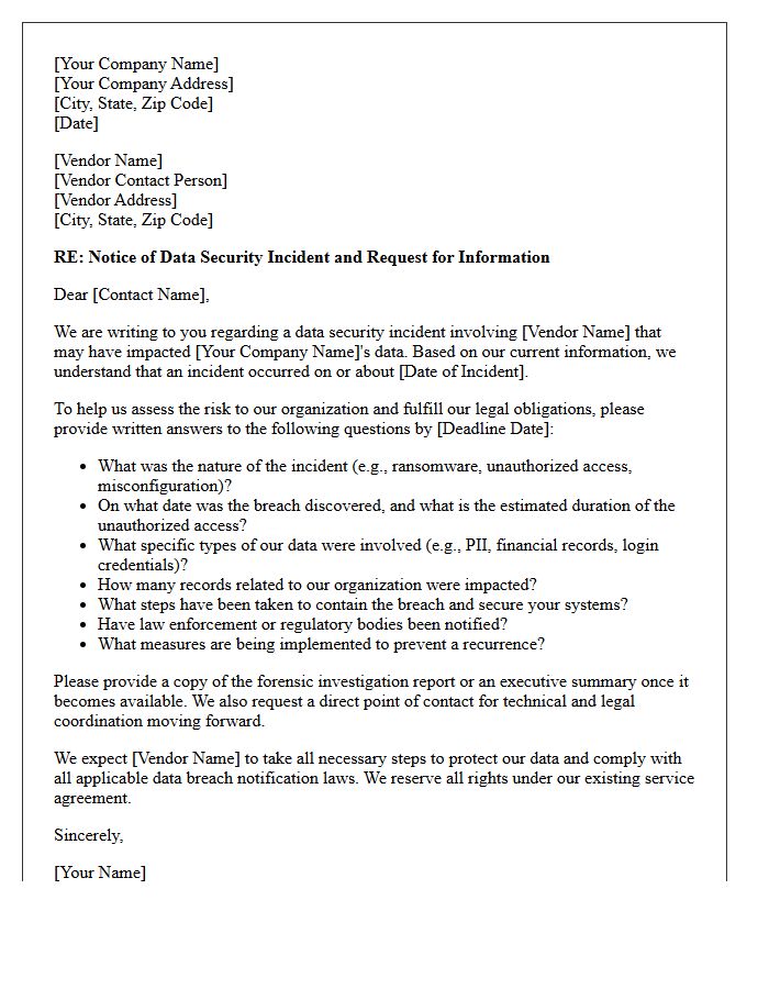 Vendor Data Breach Incident Response Letter