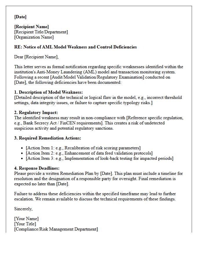 Anti-Money Laundering Model Weakness Deficiency Letter