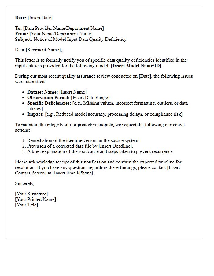 Model Input Data Quality Deficiency Letter