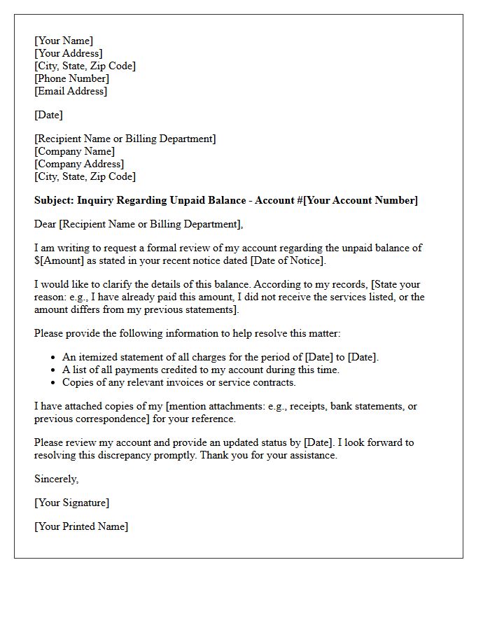 Account Review Inquiry Letter for Unpaid Balance