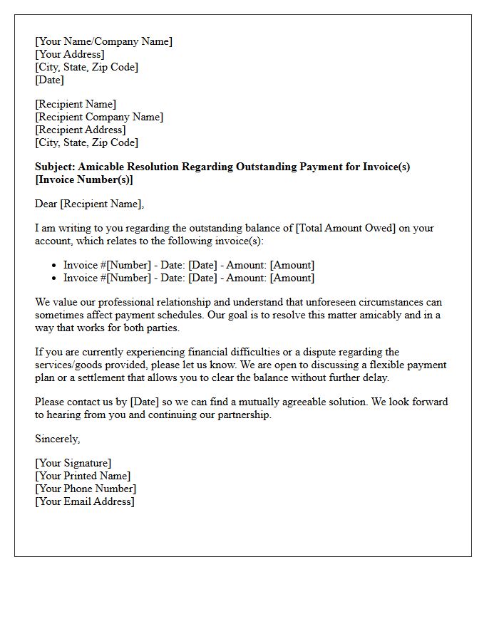 Amicable Resolution Letter for Outstanding Payments