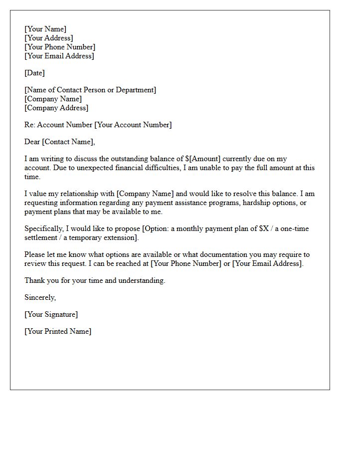 Payment Assistance Inquiry Letter for Outstanding Balance