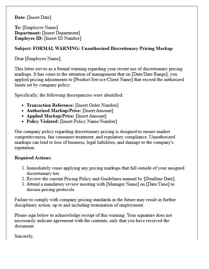 Discretionary Pricing Markup Warning Letter