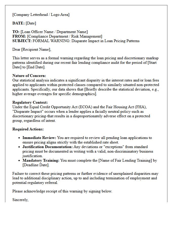 Disparate Impact Loan Pricing Warning Letter