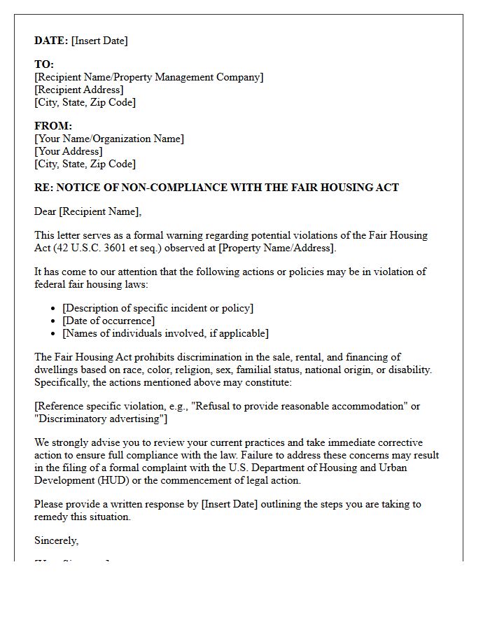 Fair Housing Act Non-Compliance Warning Letter
