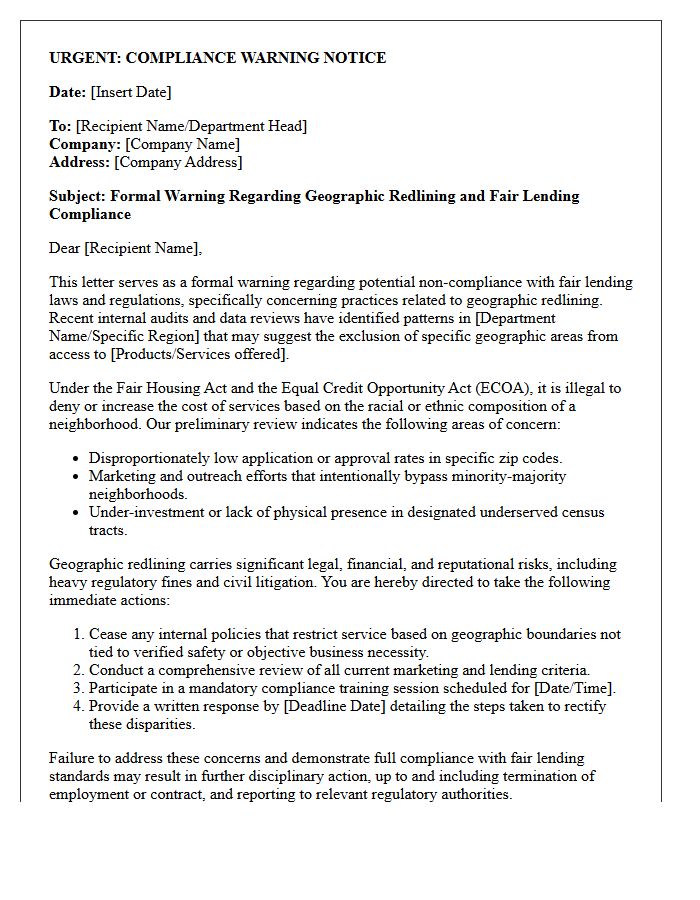 Geographic Redlining Compliance Warning Letter