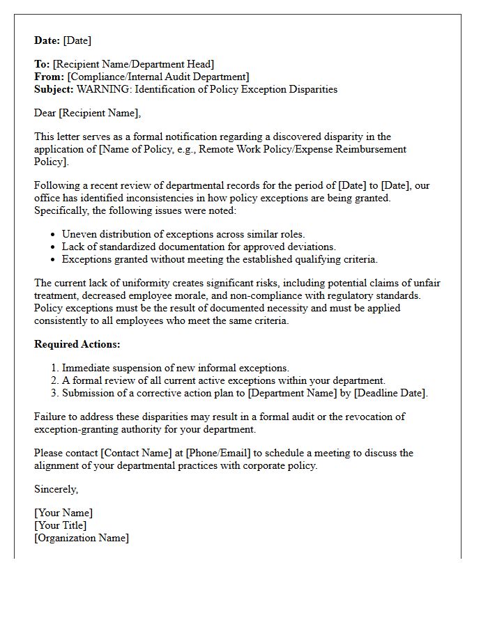 Policy Exception Disparity Warning Letter