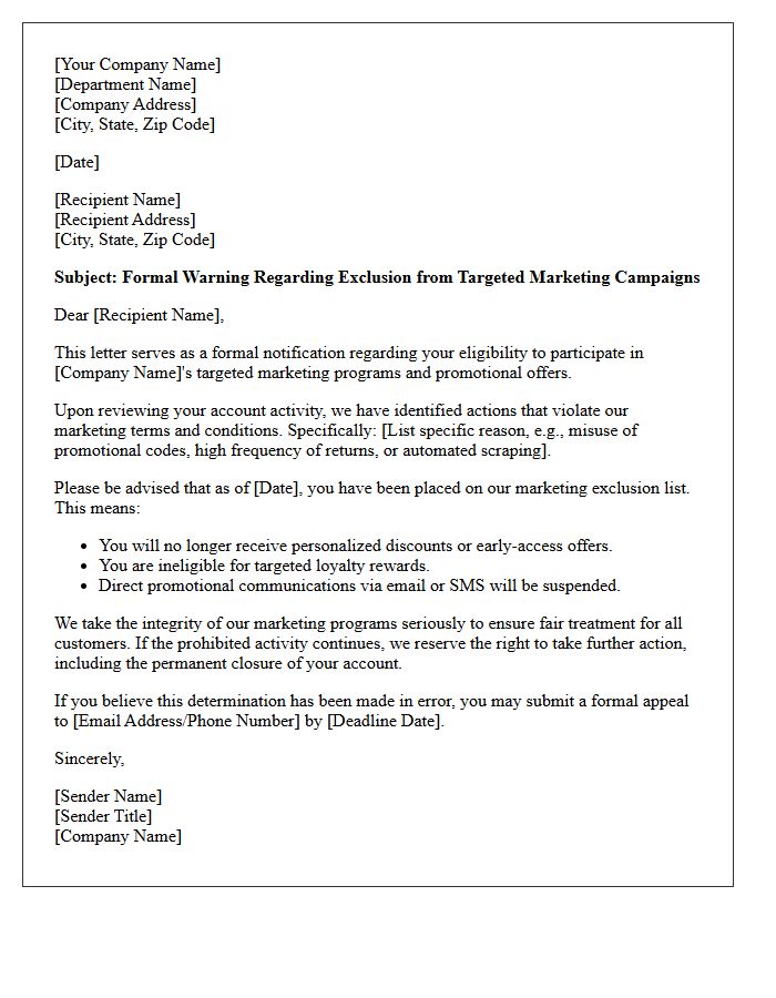 Targeted Marketing Exclusion Warning Letter
