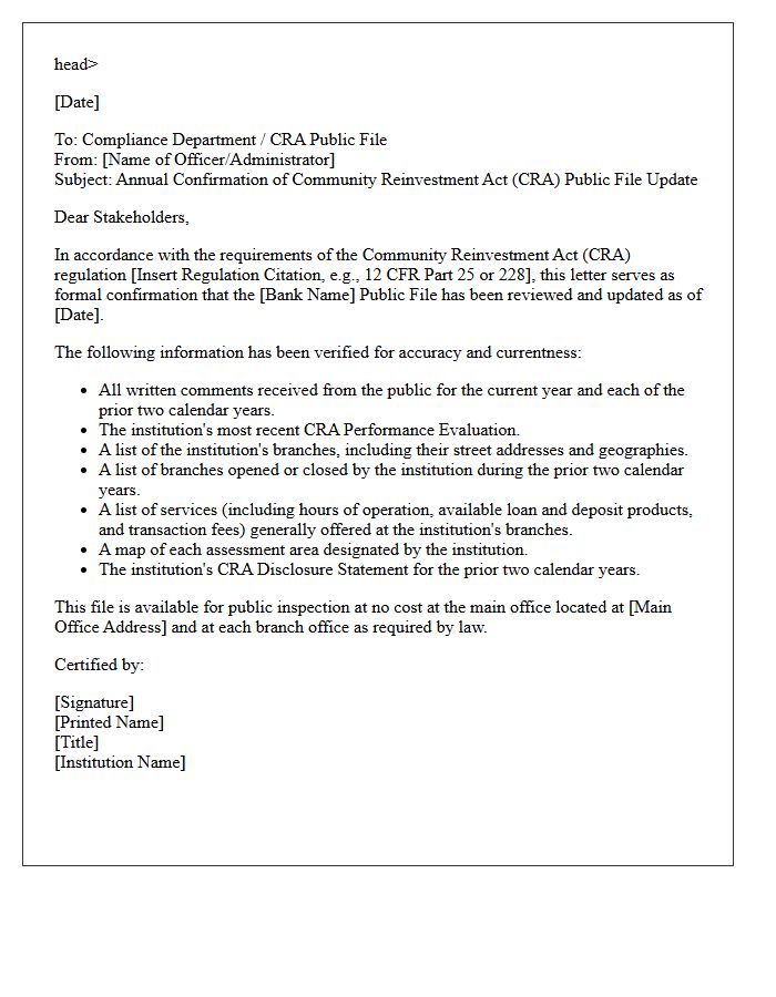Annual Community Reinvestment Act Public File Update Confirmation Letter