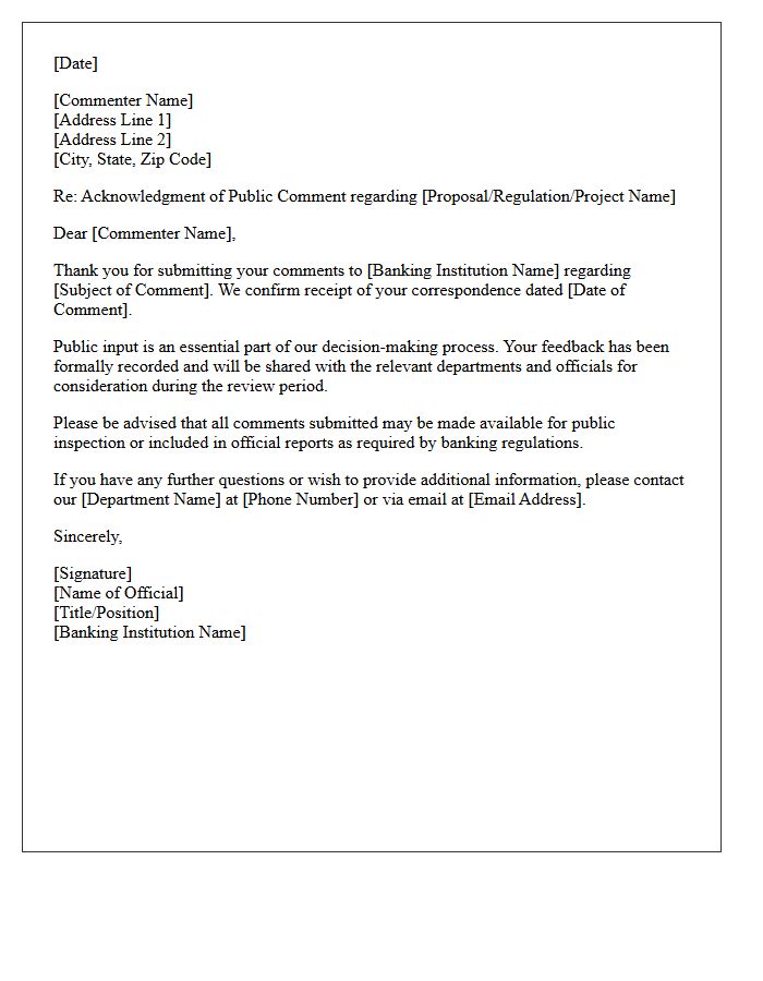 Banking Institution Public Comment Acknowledgment Letter