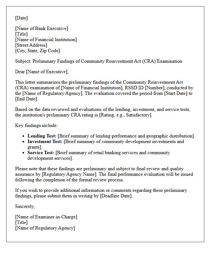 Community Reinvestment Act Examination Preliminary Findings Letter