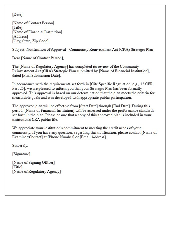 Community Reinvestment Act Strategic Plan Approval Notification Letter