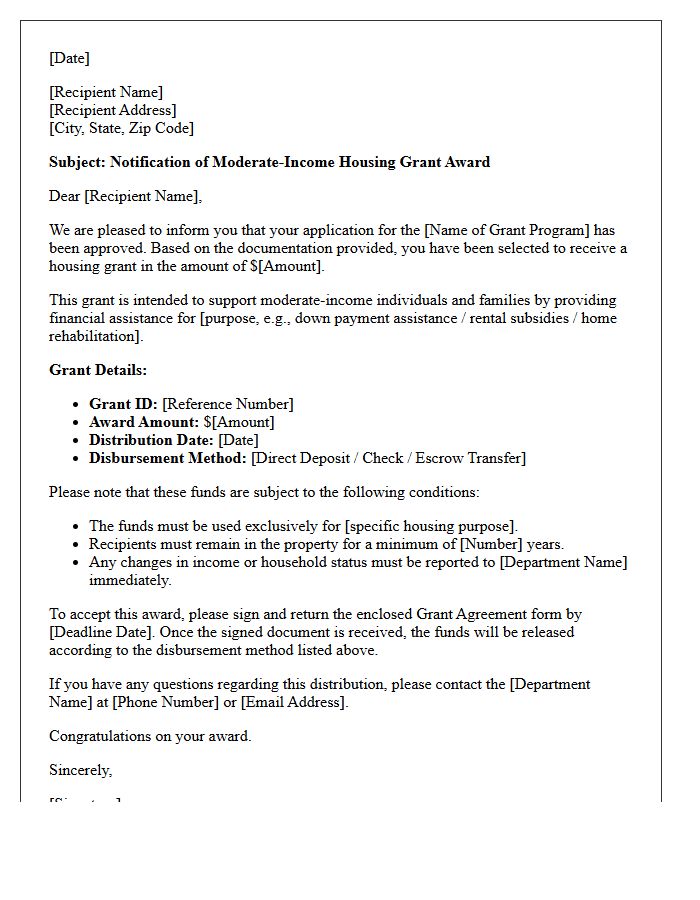 Moderate-Income Housing Grant Distribution Letter
