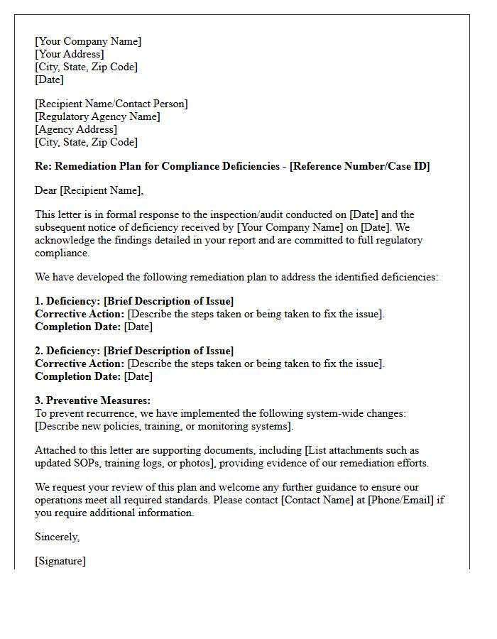 Regulatory Compliance Deficiencies Remediation Letter