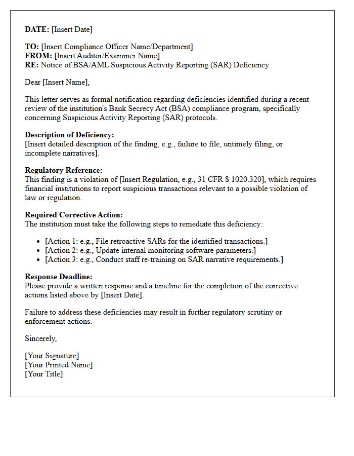 Bank Secrecy Act Suspicious Activity Reporting Deficiency Letter