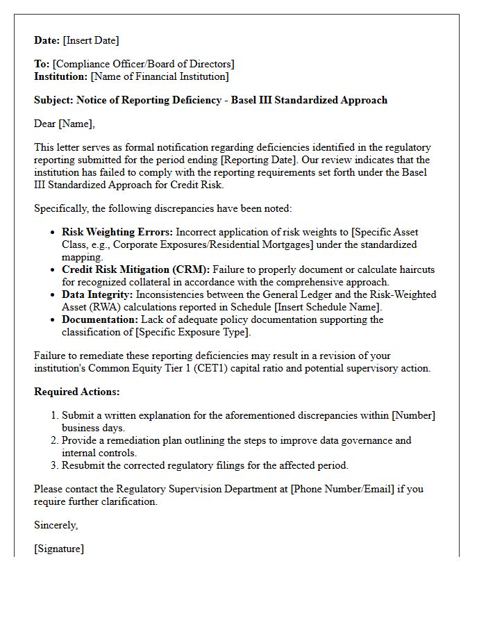 Basel III Standardized Approach Reporting Deficiency Letter
