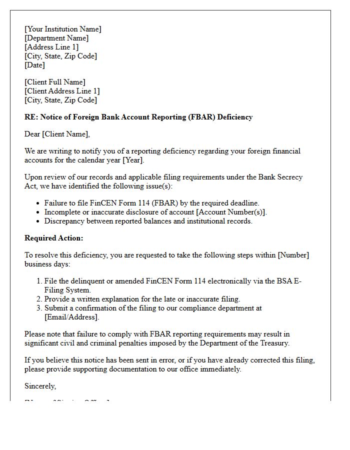 Foreign Bank Account Reporting Deficiency Letter