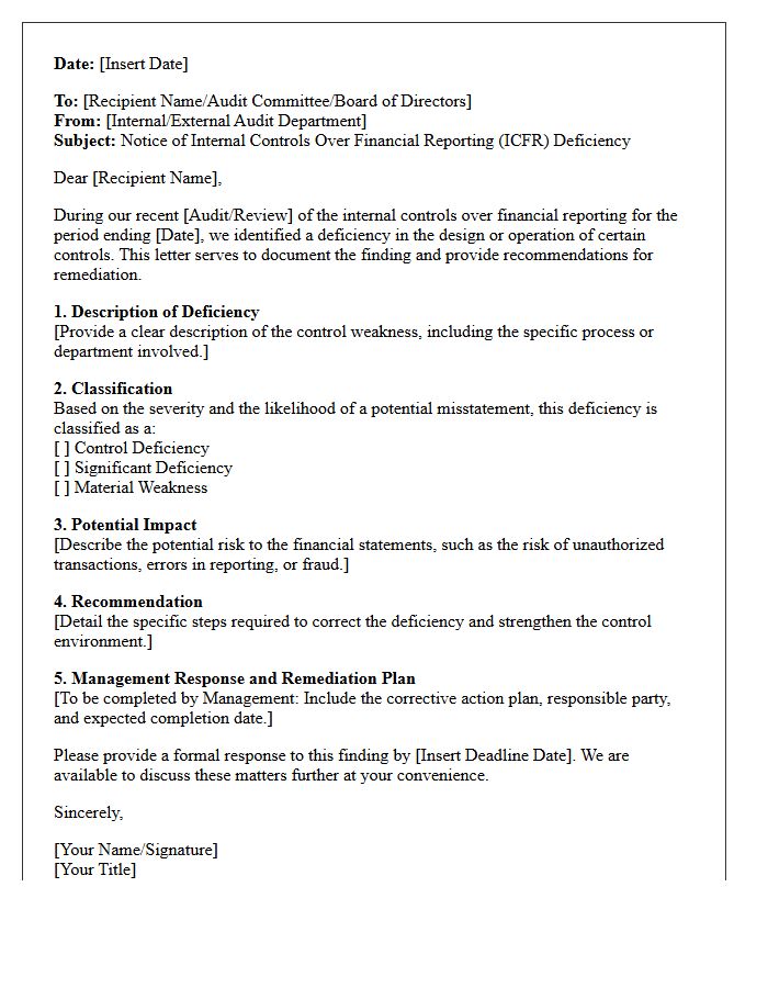 Internal Controls Over Financial Reporting Deficiency Letter
