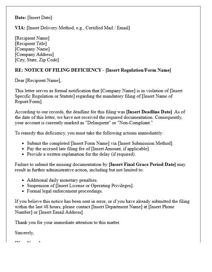 Late Regulatory Filing Deficiency Letter