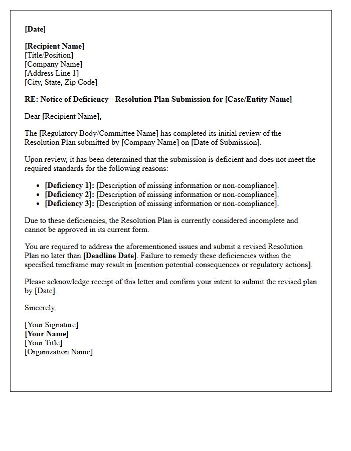 Resolution Plan Submission Deficiency Letter