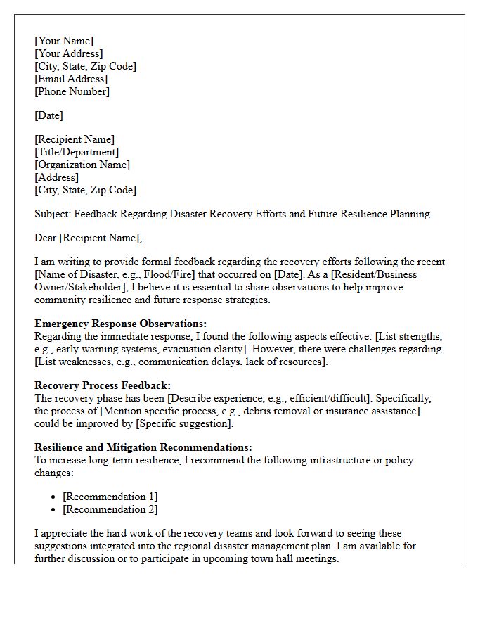 Disaster Recovery and Resilience Feedback Letter