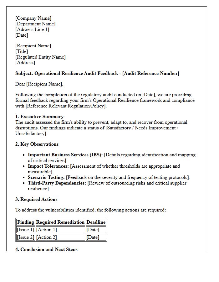 Regulatory Audit Operational Resilience Feedback Letter