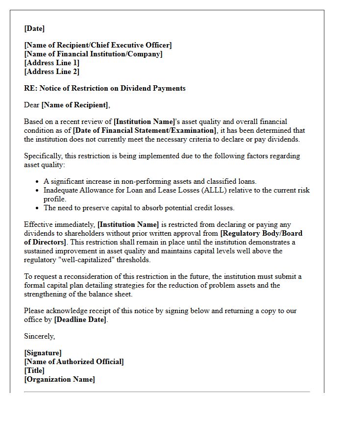 Asset Quality Dividend Payment Restriction Letter