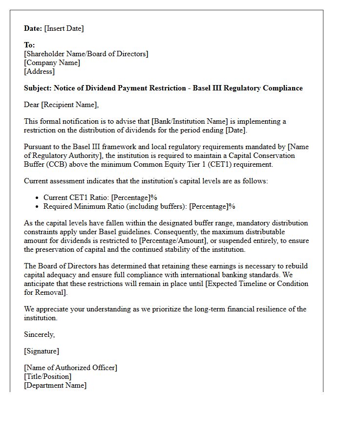 Basel Compliance Dividend Payment Restriction Letter