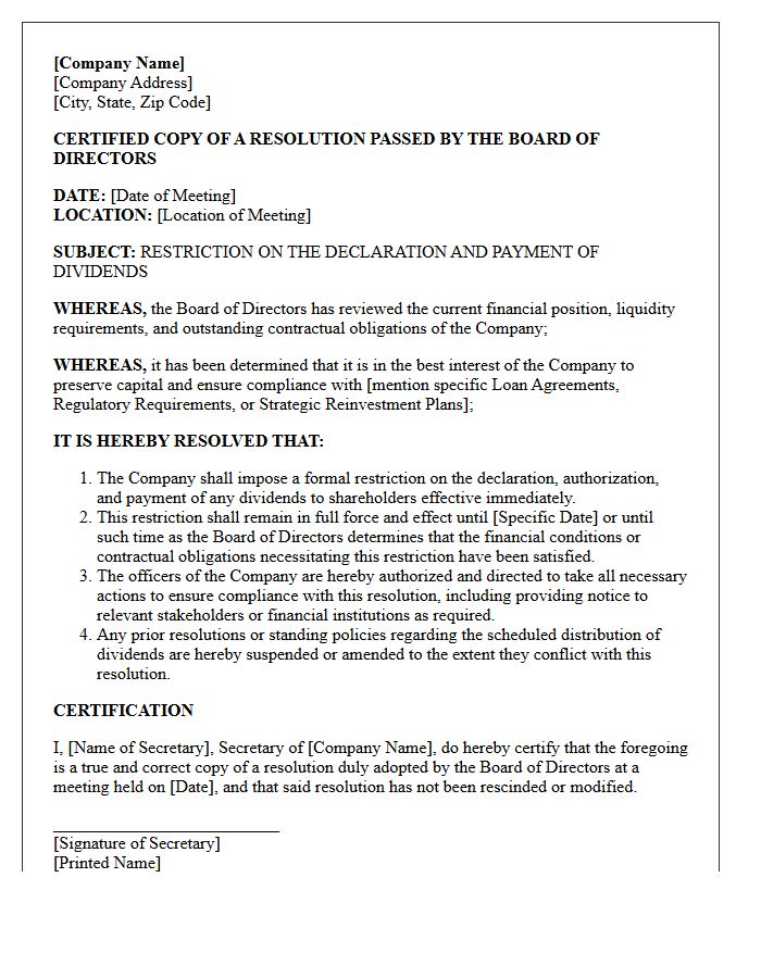 Board Resolution Dividend Payment Restriction Letter