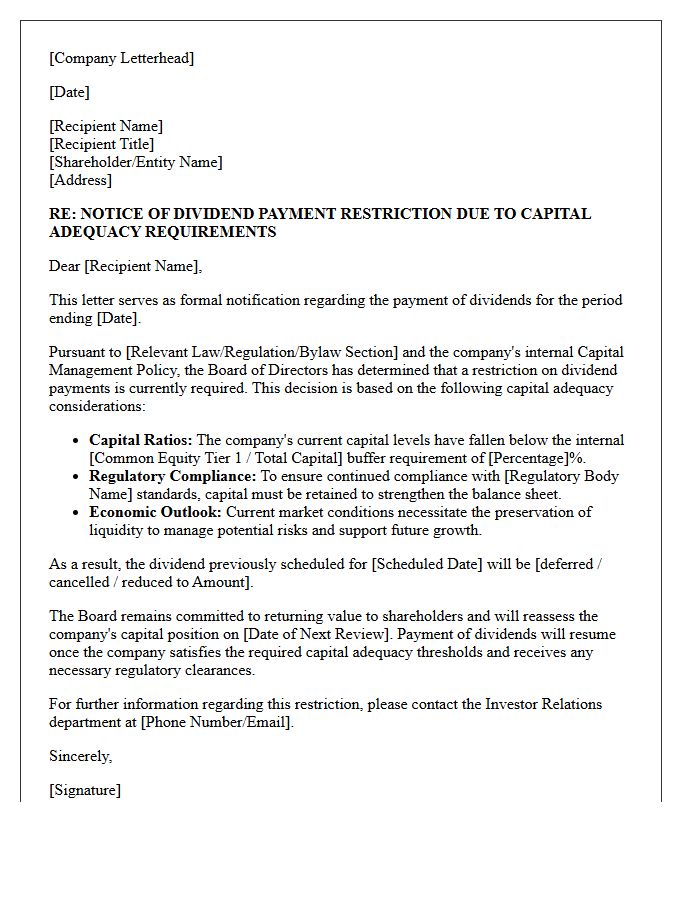 Capital Adequacy Dividend Payment Restriction Letter