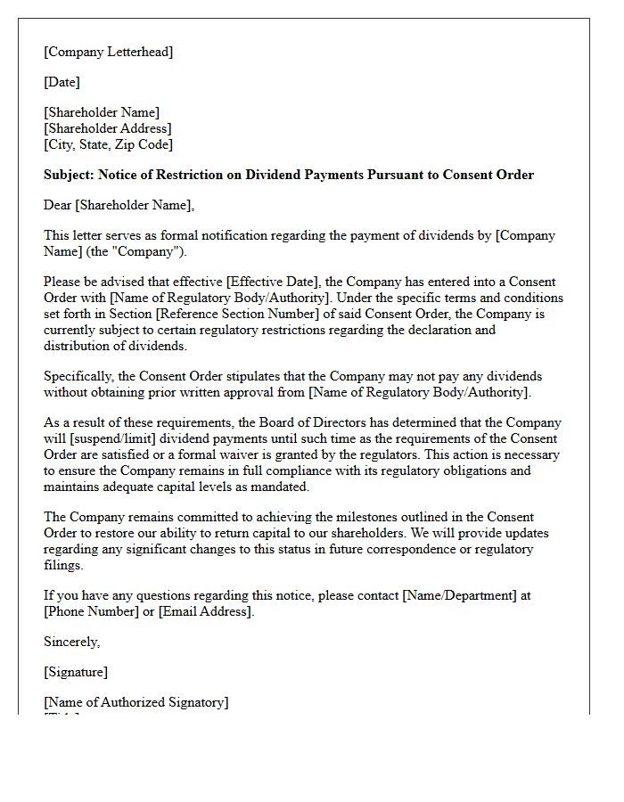 Consent Order Dividend Payment Restriction Letter