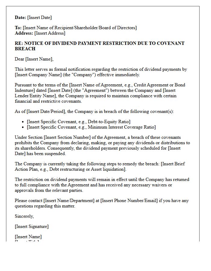 Covenant Breach Dividend Payment Restriction Letter