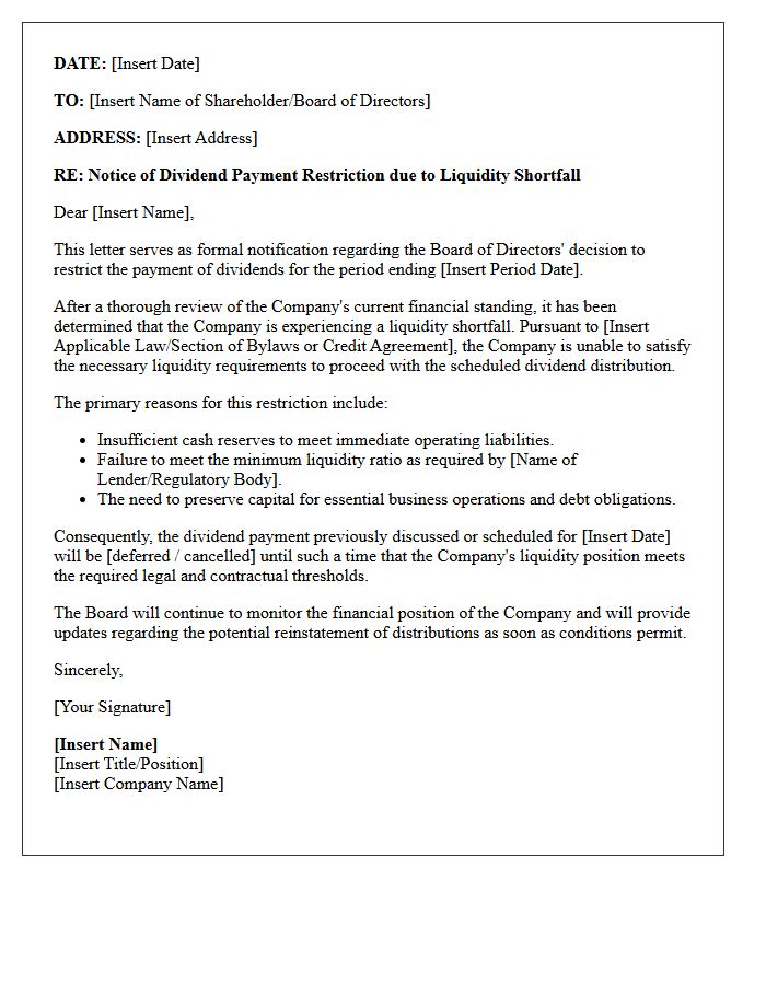 Liquidity Shortfall Dividend Payment Restriction Letter