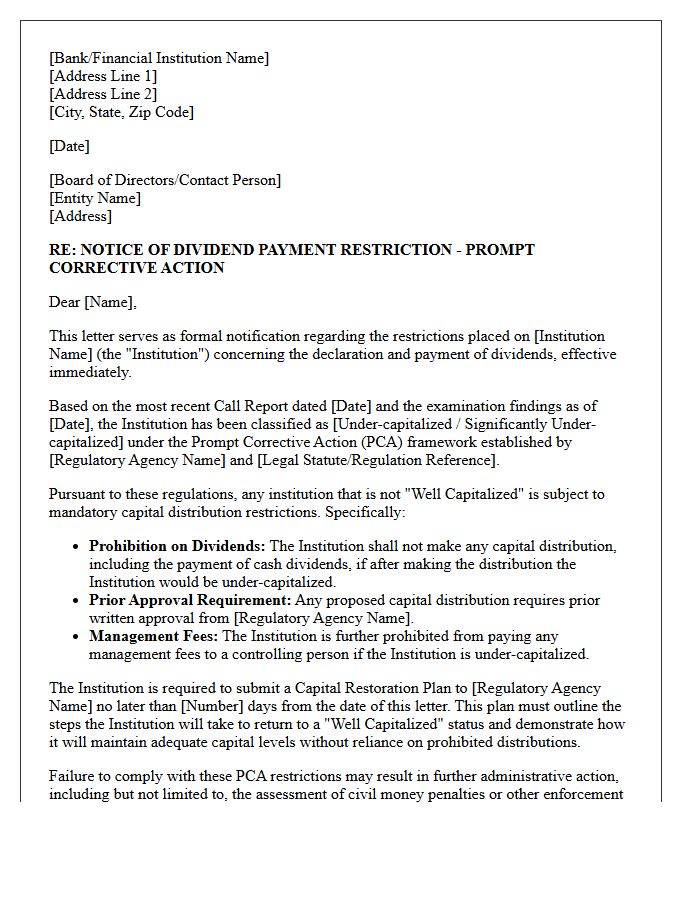 Prompt Corrective Action Dividend Payment Restriction Letter