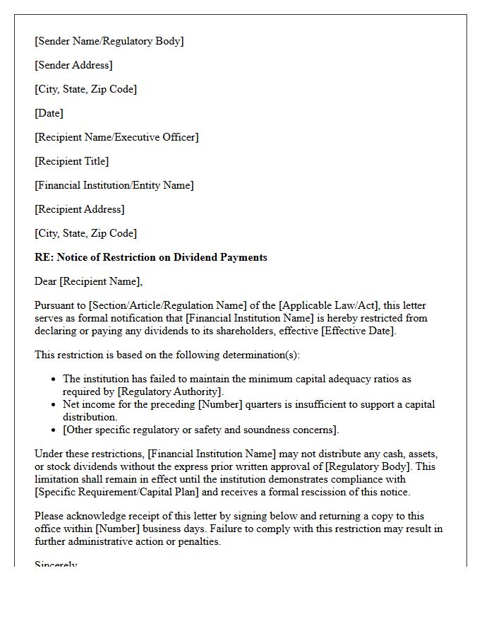 Regulatory Dividend Payment Restriction Letter