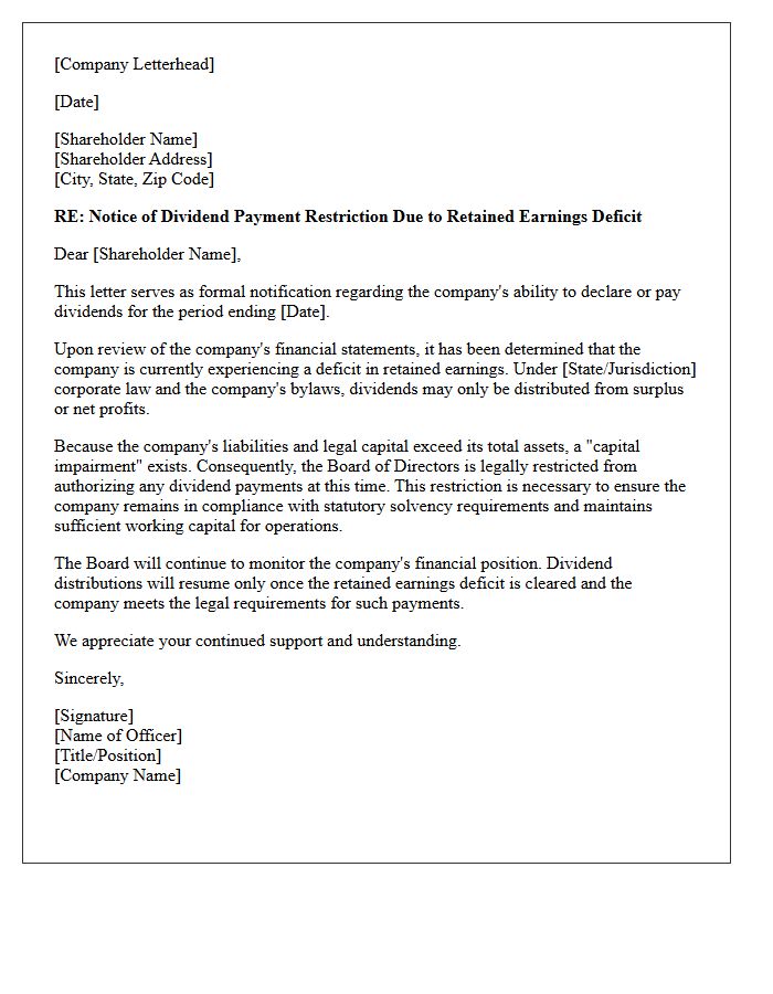 Retained Earnings Deficit Dividend Payment Restriction Letter