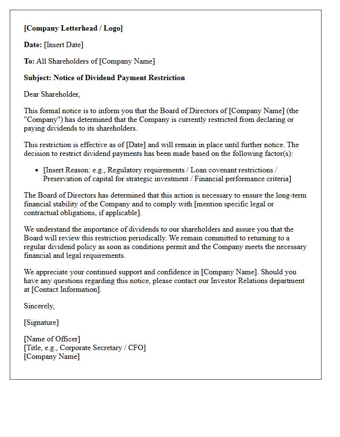 Shareholder Notice Dividend Payment Restriction Letter