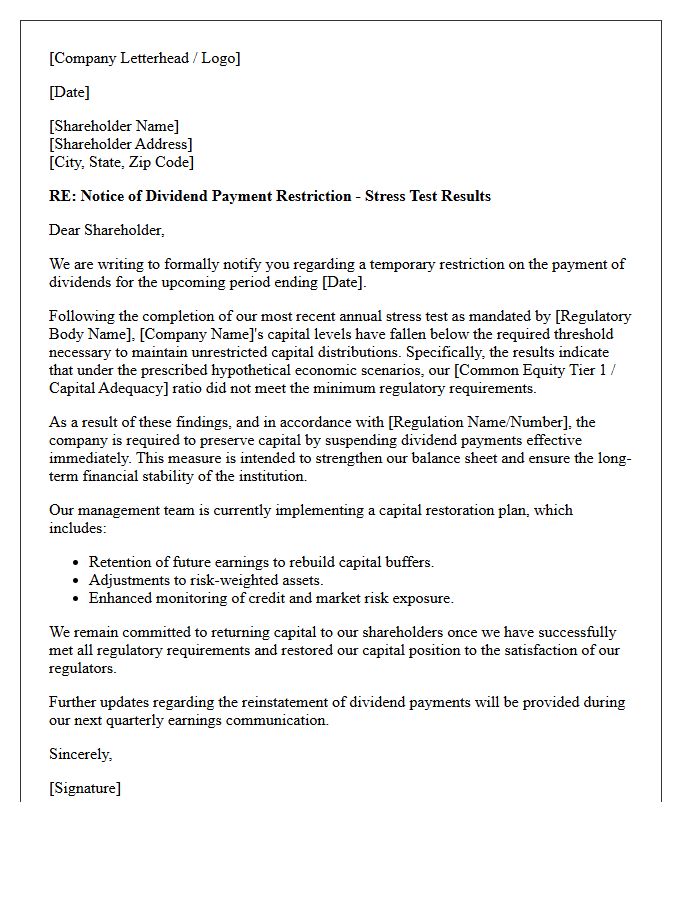 Stress Test Failure Dividend Payment Restriction Letter