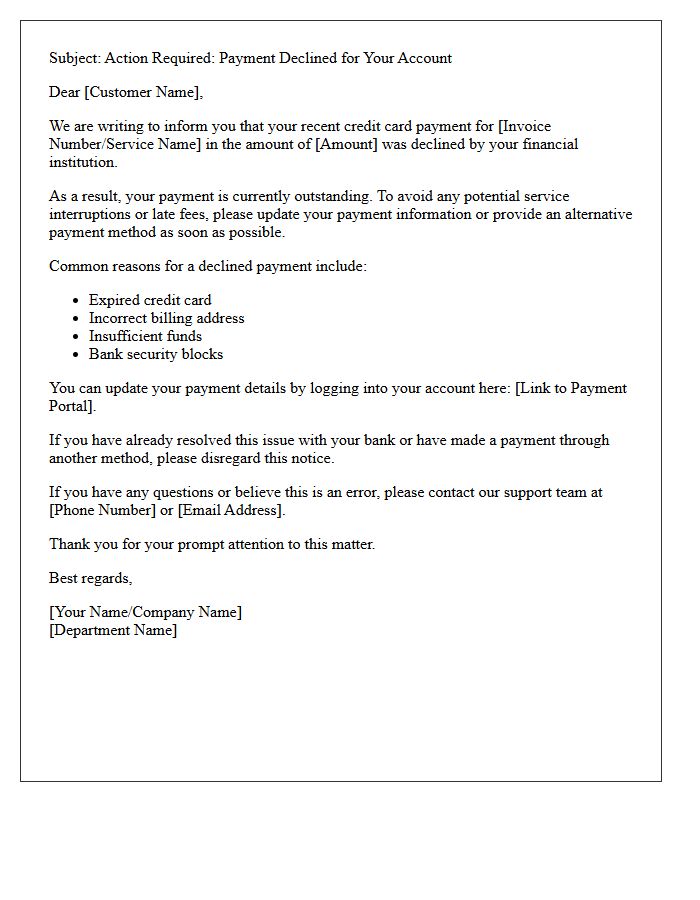 Action Required for Declined Credit Card Payment Letter
