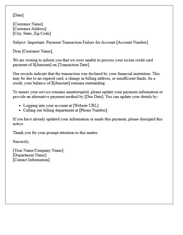 First Notice of Failed Credit Card Transaction Letter