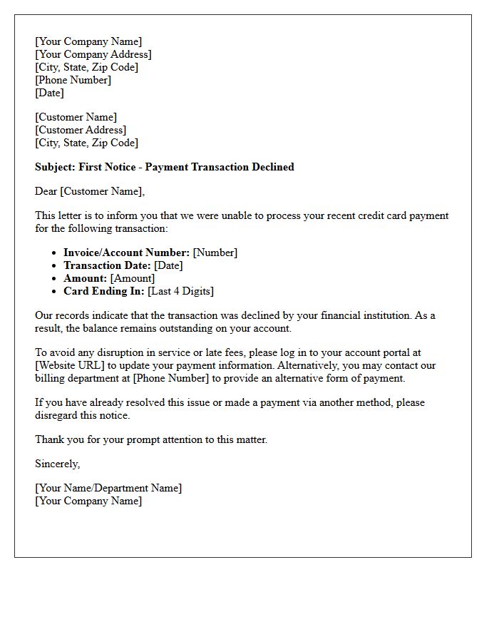 First Notice of Rejected Credit Card Transaction Letter