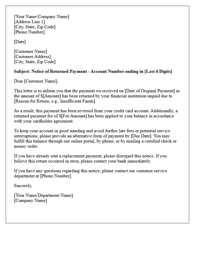 First Notice of Returned Credit Card Payment Letter