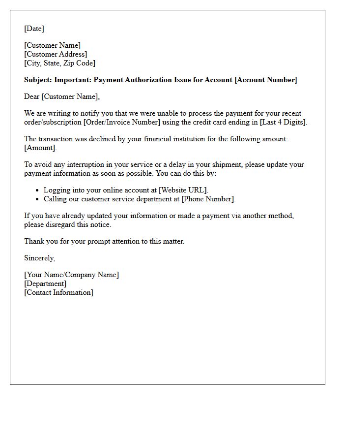 First Reminder for Failed Credit Card Authorization Letter